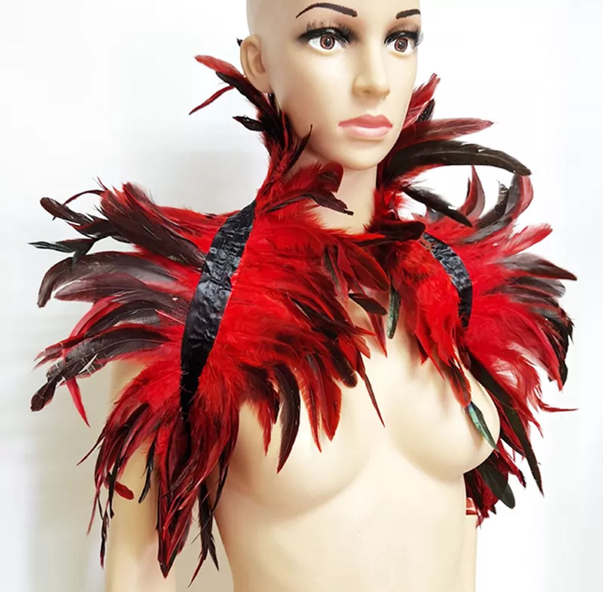 Goedkoopste Elegante veren Lingerie - Harnas - rood met zwart - bh - sexy - borsten - open rug - festival - feest - unisex