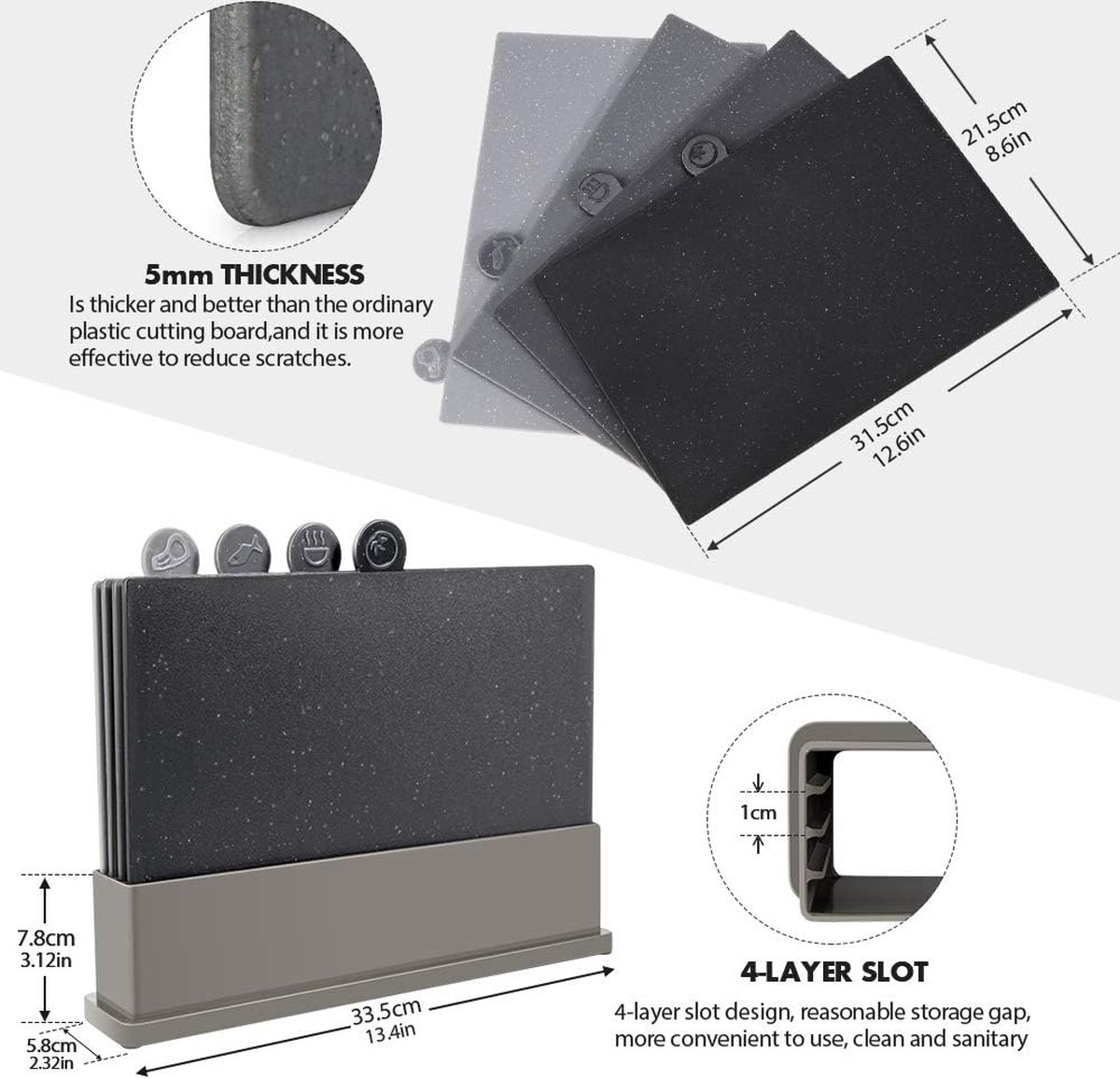Masthome Snijplankenset, vaatwasmachinebestendige kunststof snijplank met standaard en voedselpictogrammen, 4 stuks antislip index snijplank voor keukens vleesgroenten en brood, BPA-vrij, 31,5 x 21,5 Masthome Snijplankenset, vaatwasmachinebestendige kunststof snijplank met standaard en voedselpictogrammen, 4 stuks antislip index snijplank voor keukens vleesgroenten en brood, BPA-vrij, 31,5 x 21,5