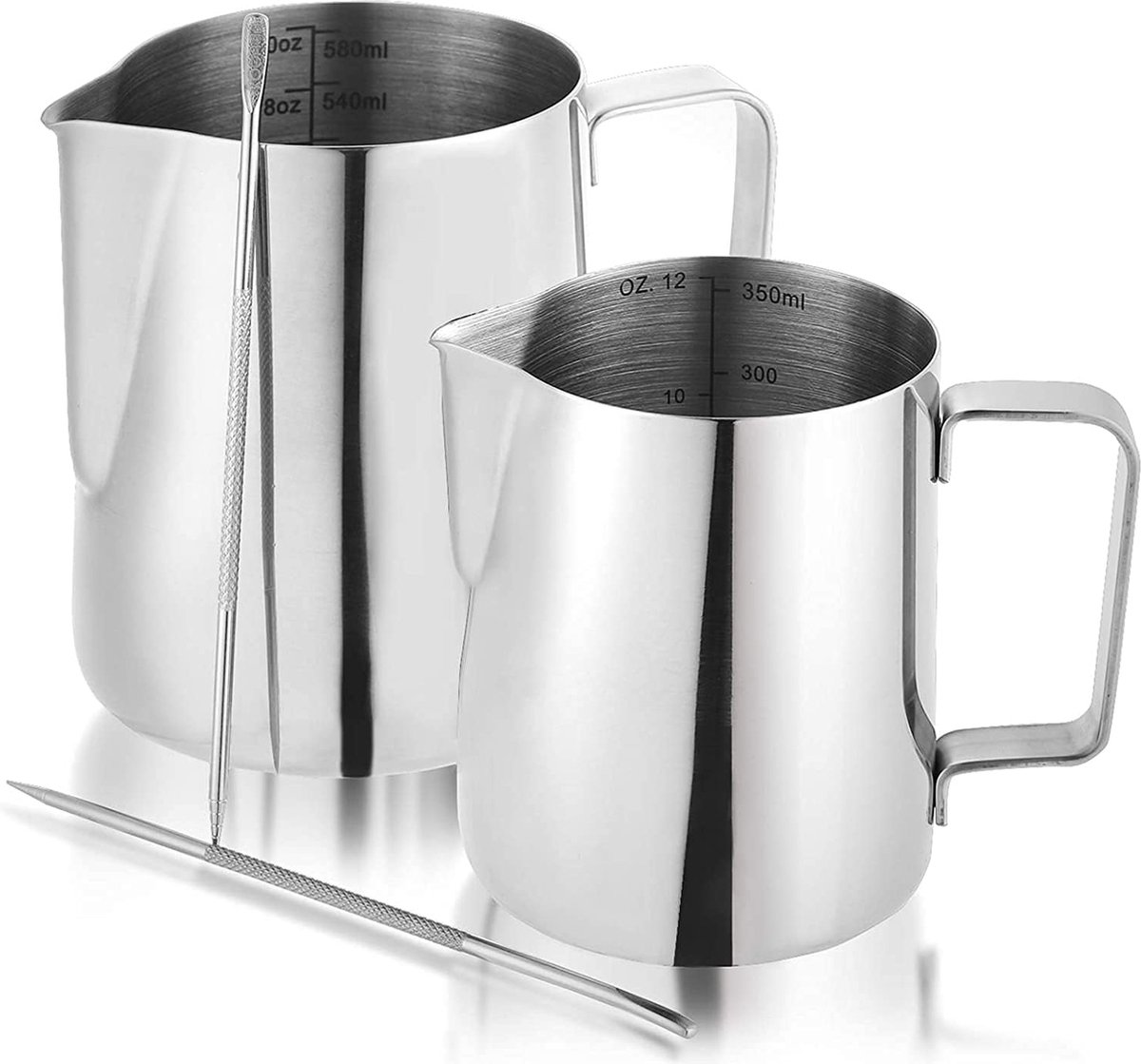 Set of 2 350 & 600 ml Milk Jug Stainless Steel Milk Pitcher Milk Frothing Jug Milk Frother Jug Cup with Measurement Markings and Latte Art Pen for Barista Cappuccino Espresso