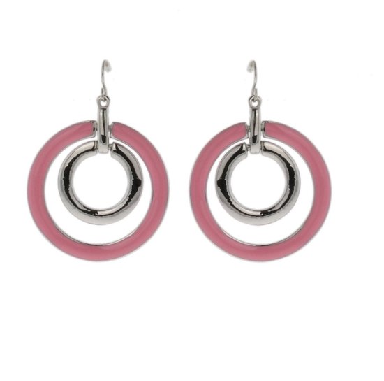 Behave Oorbellen - oorhangers - dames - rond - roze - zilver kleur - 4.5cm