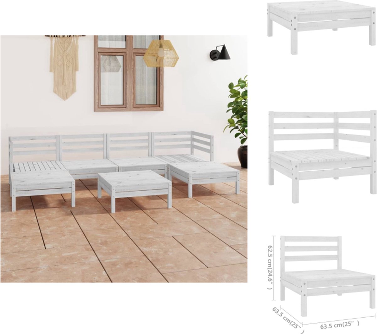 VidaXL Tuinset Grenenhout Wit Hoek Middenbank- 63.5x63.5x62.5cm Tafel Voetenbank- 63.5x63.5x28.5cm Tuinset