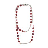 Collier Behave - chaîne longue - couleur argent - rouge - rose - perles - 110cm