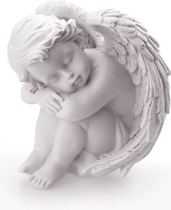 Figurine d'ange décorative assise endormie 12 cm, polystone blanc