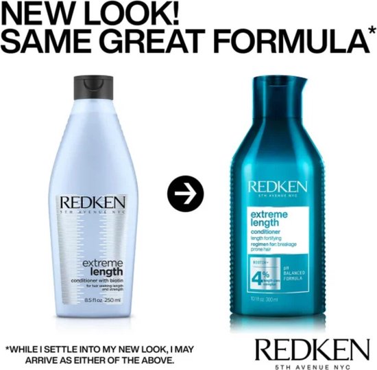 Vergelijking van de oude en nieuwe verpakking van Redken Extreme Length conditioner fl es.