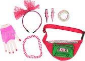 Foute 80s/90s party verkleed set compleet - dames - roze - jaren 80/90 verkleed accessoires