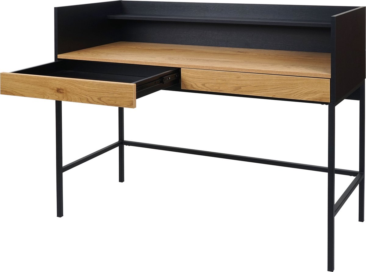 MCW Bureau MCW-J79, bureau computer bureau werktafel, lade 120x50cm hout metaal ~ eiken-look