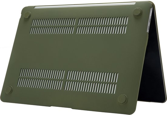 Dessous d'une coque d'ordinateur portable rigide verte avec aérations et pieds.