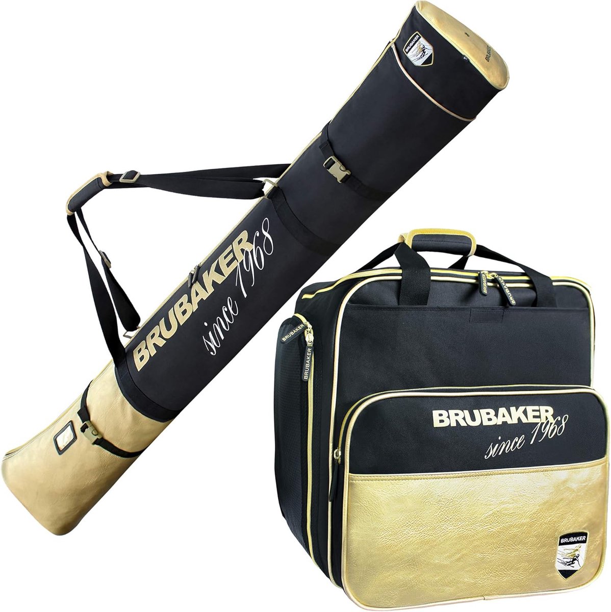 BRUBAKER Combi Set St. Moritz - Skitas en Skischoen tas - voor 1 paar Ski's en Stokken tot 190 cm - Skischoenen en Helm - Zwart Goud