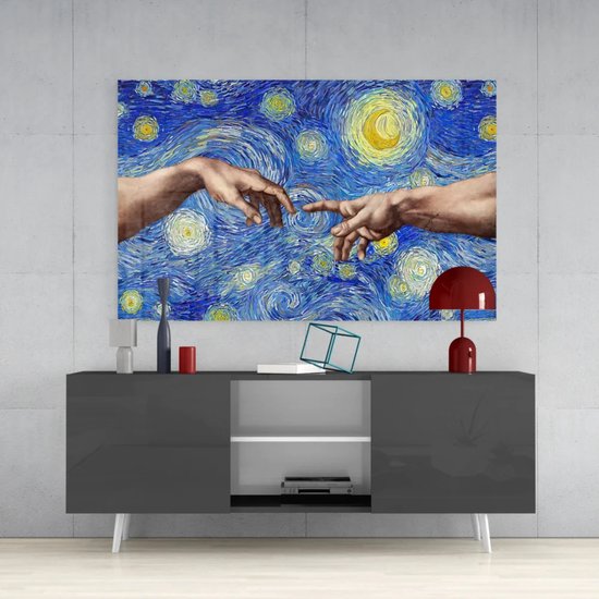 Glasschilderij - Hand Van God en Adam - Van Gogh-stijl - 110x70 cm - 4 mm