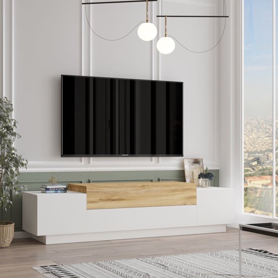 Tv-meubel met 4 deuren - Wit en houtlook - OPHRISA L 160 cm x H 38.7 cm x D 37.3 cm