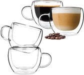 Tasses à café en Verres , verres isolés à double paroi, tasses à café avec poignée, parfaites pour les lattes, cappuccinos, sachets de thé, jus (verres à eau de 240 ml * 4)