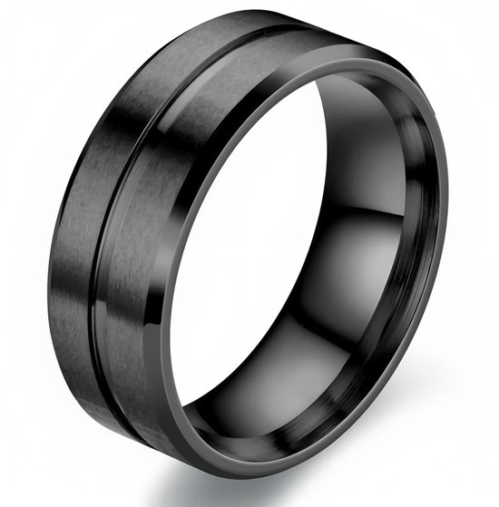 Ring Heren Zwart met Gegraveerde Streep - Staal - Ringen - Cadeau voor Man - Mannen Cadeautjes