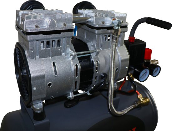 Grijze Kibani compressor met zilverkleurige dubbele motor en rode handgreep.