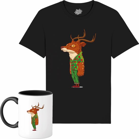 Kris het Kerst Hert - Foute Kersttrui Kerstcadeau - Dames / Heren / Unisex Kleding - Grappige Kerst Avond Outfit - Unisex T-Shirt met mok - Zwart - Maat 3XL