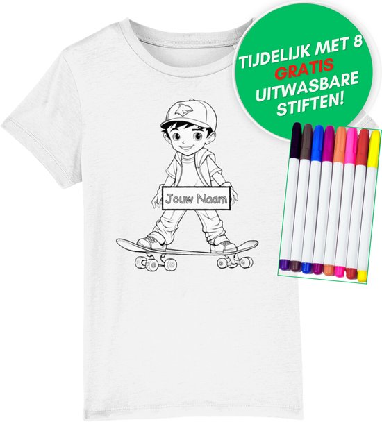 Inkleurbaar t-shirt kinderen – skater jongen - kinderspeelgoed – 3 tot 8 jaar - eigen naam – gepersonaliseerd – kleuren – viltstiften voor kinderen – t-shirt