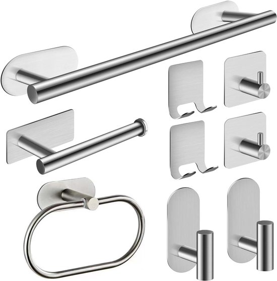 9 Piece Towel Holder No Drilling Required, Towel Holder, Silver, Towel