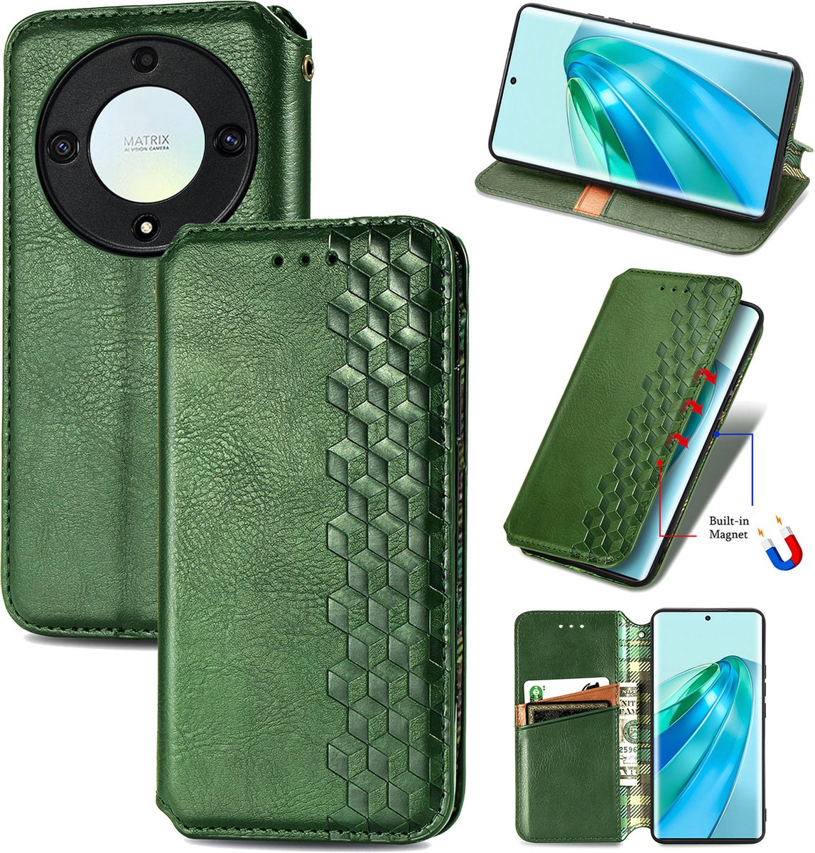 Luxe PU Lederen Ruitpatroon Wallet Case + Screenprotector voor Honor Magic5 Lite _ Goren