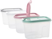 Storage Jars, Set of 4, 1.1 Litres, Transparent with Hinged Lids, Cereal Dispenser, Colour: Grey, Pink, White, Green, Plastic, Ideal for Cereal, 100% Recyclable