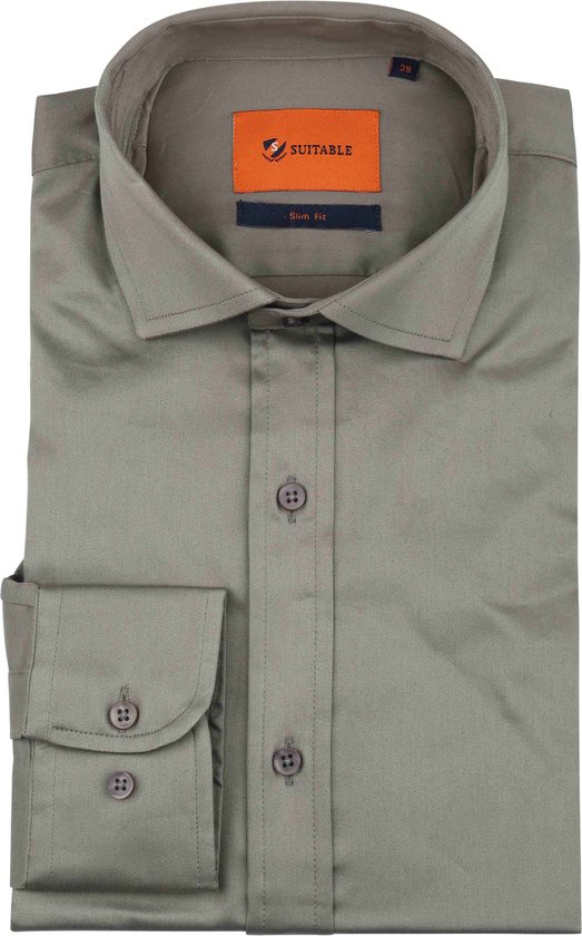 Suitable - Satin Overhemd Grijs - Heren - Maat 40 - Slim-fit