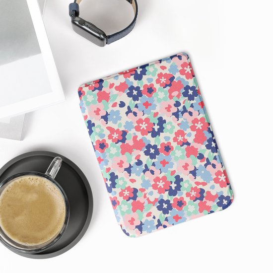 kwmobile e-reader hoesje geschikt voor Kobo Clara 2E hoes - E reader flip case met magnetische sluiting - Ereader cover - Pastelbloemen design in rood / oudroze / blauw van Merkloos — afbeelding 3
