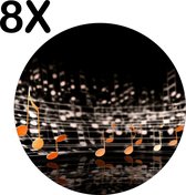 BWK Stevige Ronde Placemat - Vrolijke Muzieknoten op Zwarte Achtergrond - Set van 8 Placemats - 40x40 cm - 1 mm dik Polystyreen - Afneembaar