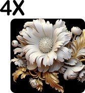 BWK Stevige Placemat - Wit - Goud - Bloem - Artistiek - Set van 4 Placemats - 50x50 cm - 1 mm dik Polystyreen - Afneembaar
