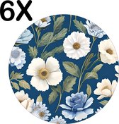BWK Flexibele Ronde Placemat - Blauw - Wit - Bloemen Patroon - Set van 6 Placemats - 40x40 cm - PVC Doek - Afneembaar