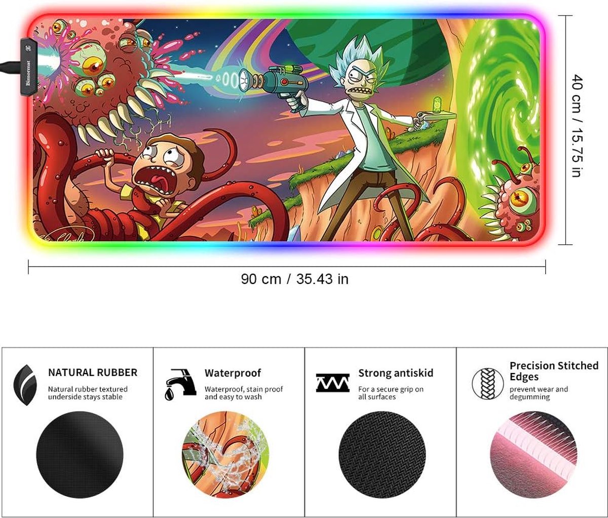 Anime RGB Gaming muismat, 900 x 400 x 3 mm grote muismat XXL, led-bureauonderlegger met antislip rubberen basis en duurzame genaaide randen, voor gepersonaliseerde gamers (90 x 40 gunguai)