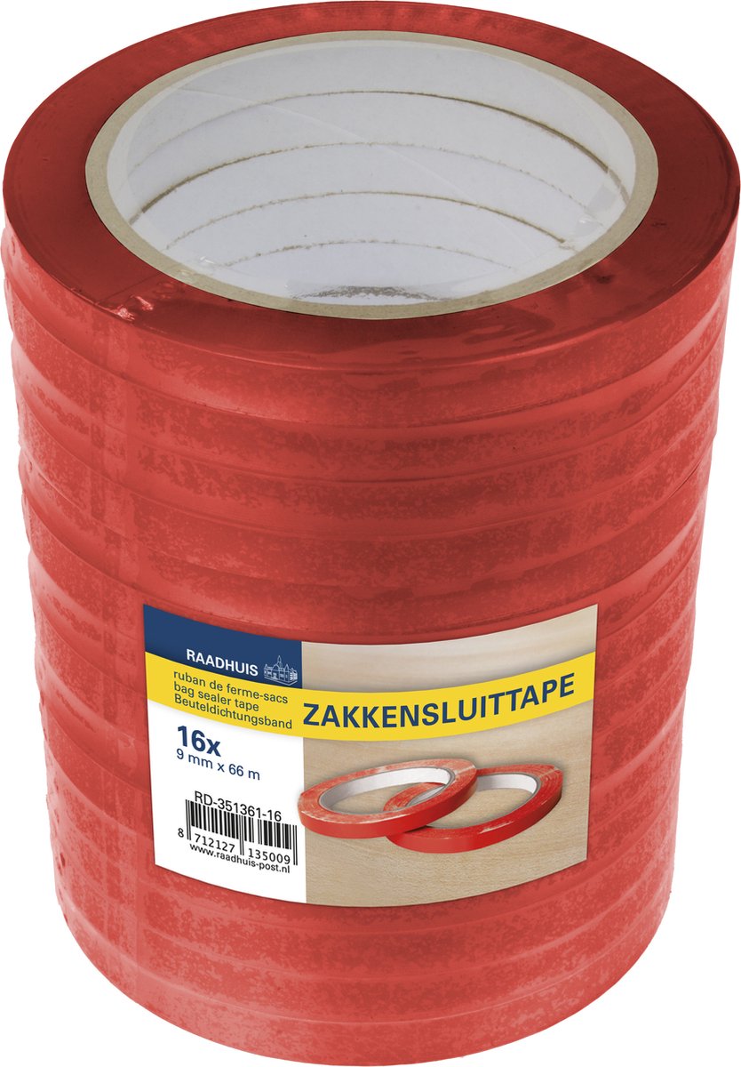 Raadhuis zakkensluittape PVC - 9mm x 66m - rood - 16 stuks - zakkensluiter tape - RD-351361-16