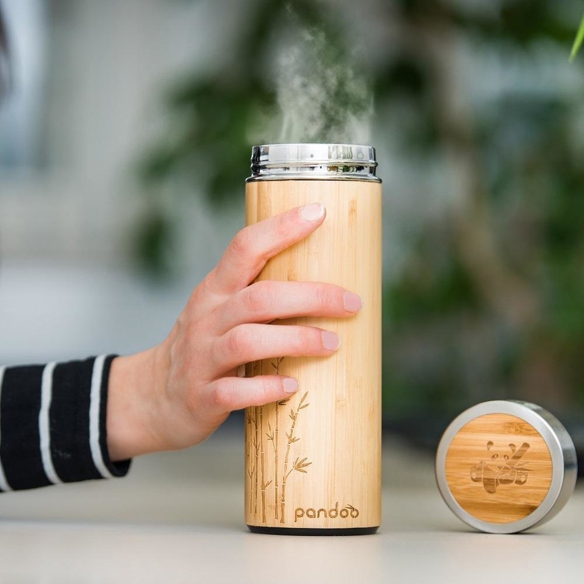 Pandoo Bamboe Thermosfles met Theezeef - 360 ML - Duurzaam - Dubbelwandig - Reis Thermosbeker