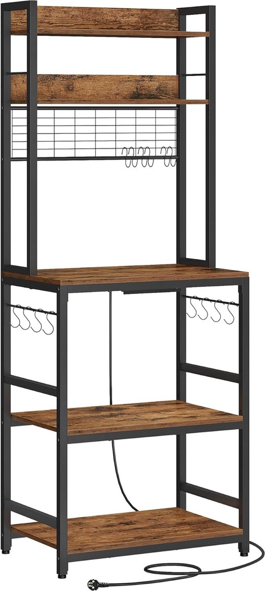 Keukenrek, staand rek met stopcontacten, magnetronrek, met roosterplaat, 14 haken, 40 x 60 x 170 cm, vintage bruin-zwart, Industriestijl