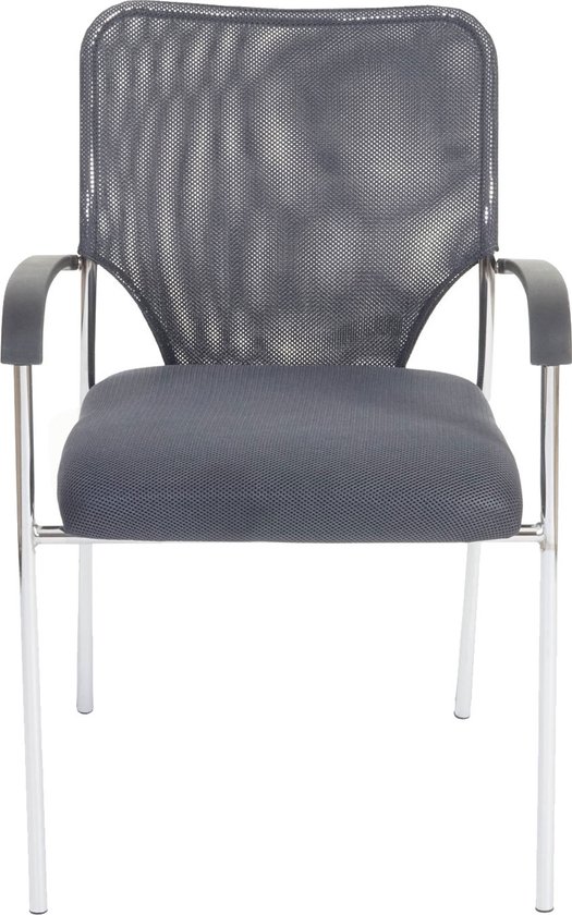Grijze bezoekersstoel met stoffen zitting en mesh rugleuning, chromen frame.