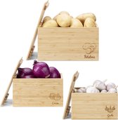 Navaris 3x houten kratten set - Voor aardappels, uien en knoflook - Set 3 fruitkisten met deksel - Van bamboe