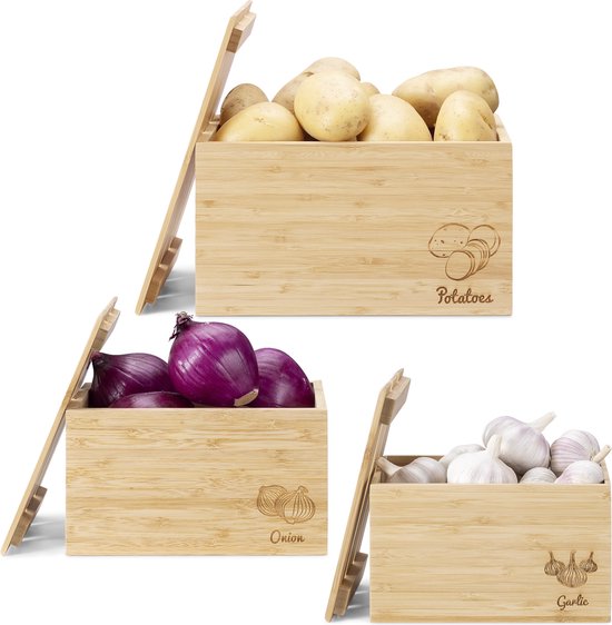 Navaris 3x Houten Kratten Set Voor Aardappels Uien En Knoflook Set 
