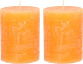 Stompkaars/cilinderkaars - 2x - oranje - 7 x 9 cm - middel rustiek model