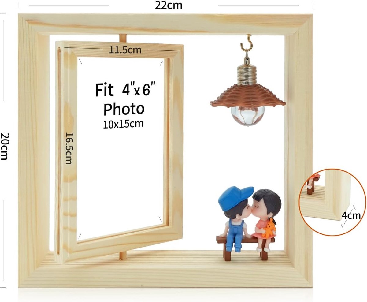 Houten fotolijst, draaibaar bruiloftsframe voor 2 foto's, 15 x 10 cm, met houten hart en licht, voor kantoor en thuis Houten fotolijst, draaibaar bruiloftsframe voor 2 foto's, 15 x 10 cm, met houten hart en licht, voor kantoor en thuis