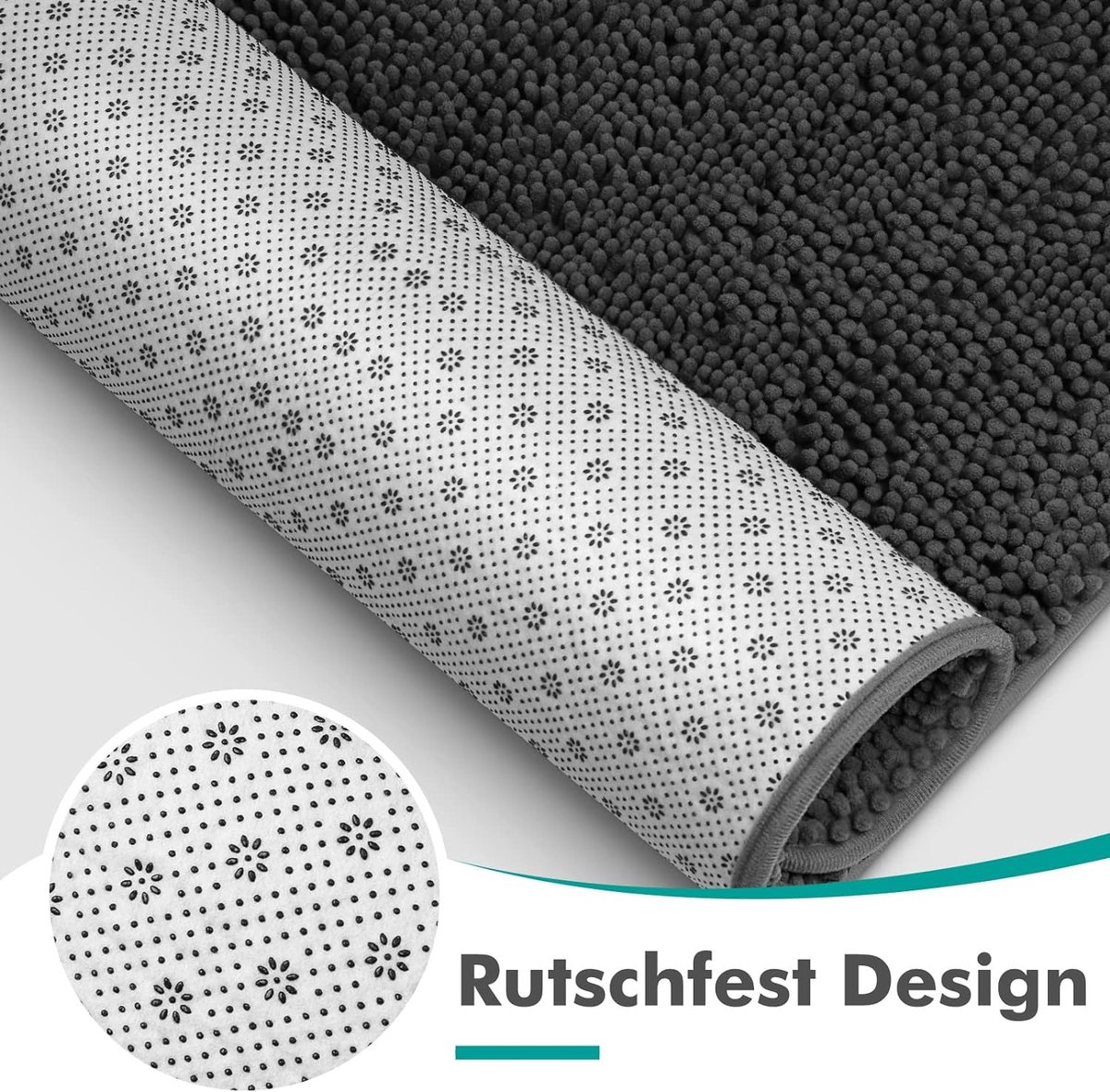 Badmat van chenille, set van 2 badmatten, antislip, absorberend, U-vormig contourtapijt en deurmat voor badkamer, douche, wasbaar en super zacht (donkergrijs)