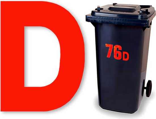 Donkere vuilnisbak met rode sticker '76d', naast grote rode letter 'D'.