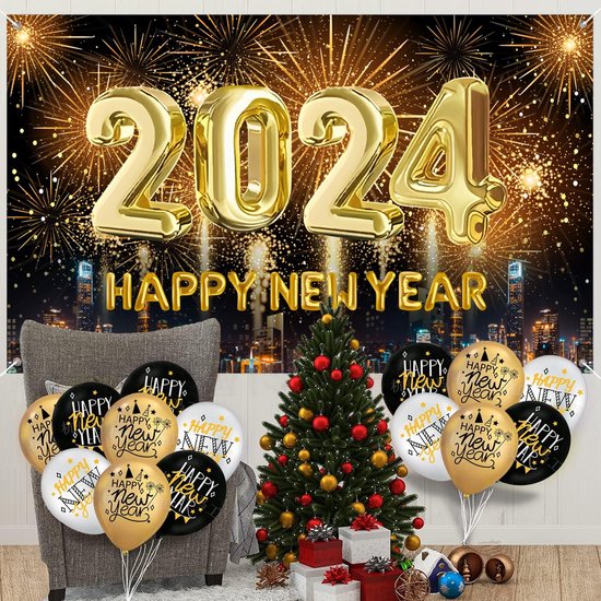 Bonne Année 2024. Ballons Du Nouvel An. Confettis Brillants