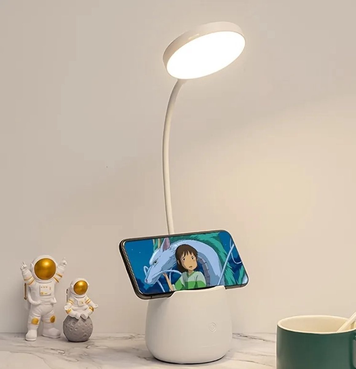 Pennenpotje Bureaulamp USB Oplaadbaar Dimbaar Draagbare LED-nachtlampje Gsm houder Leuk cadeau voor kinderen Wit
