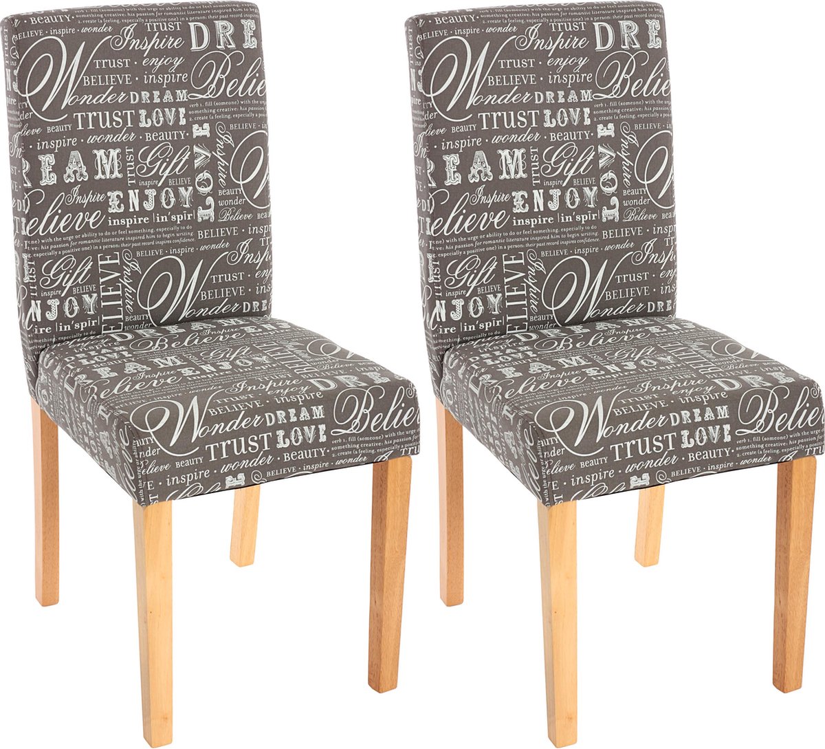 Cosmo Casa Set van 2 eetkamerstoelen keukenstoelen Littau - Textiel met opschrift - Grijs - Lichte poten