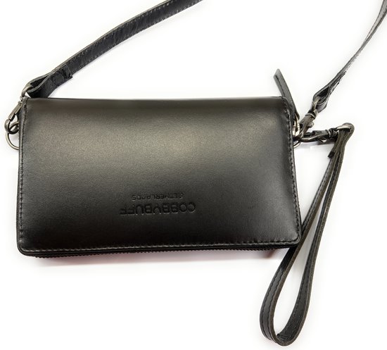 CobbyBuff - Leather Design Phone Bag Telefoontasje Mobiele Houder - Mobile Holder - Portemonnee Mobiele Tas - Kaartsleuf Portemonnee - Zwart volnerf echt leer - Black Full Grain Real Leather