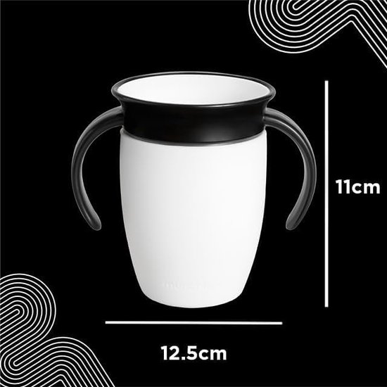 Witte Miracle Trainer Cup met zwarte handgrepen, 11cm hoog, 12.5cm breed.