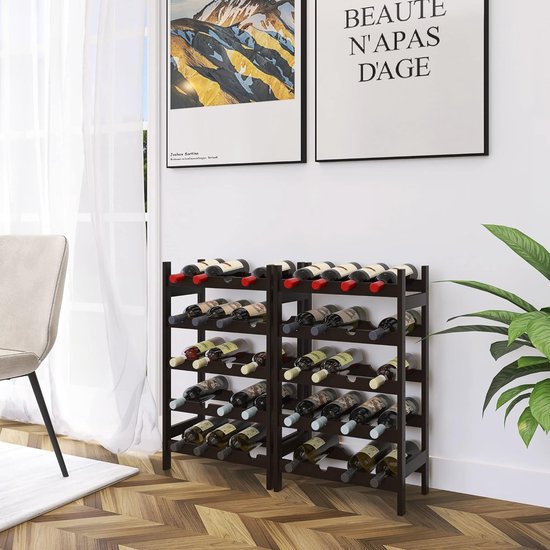 SONGMICS Wijnrek, voor 24 wijnflessen, vrijstaand, flessenrek met glashouders, voor keuken, bar, eetkamer, vintage bruin-zwart KWR028B01
