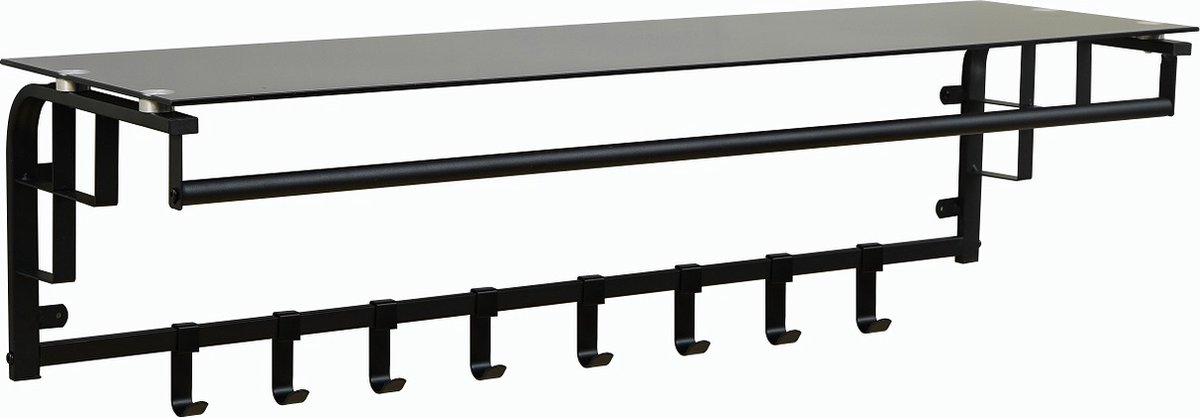 Furnilux Kapstok 110 x 30 x 27 cm - XXXL Wand kapstok De Luxe -FAMILIE Kapstok - Hoedenplank met 8 Haken - GLAS -Zwart Zwart-Glas
