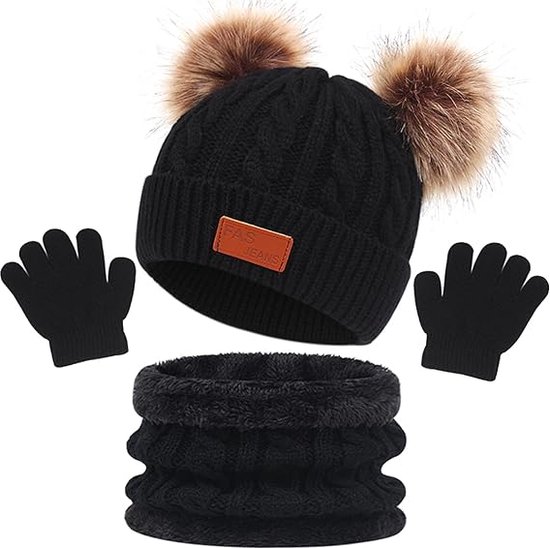 Bonnet d'hiver 3 en 1 Zwart pour enfant, écharpe, gants, bonnet en