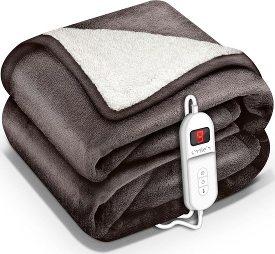 Sinnlein- Elektrische deken met automatische uitschakeling, bruin, 160x120 cm, warmtedeken met 9 temperatuurniveaus, knuffeldeken, wasbaar