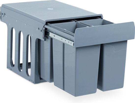 Relaxdays inbouw prullenbak keuken - 4 vakken - grijs - uitschuifbare vuilnissysteem