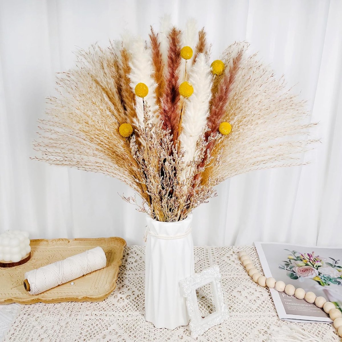 Pampas Gras Gedroogd Natuurlijk Gedroogde Bloemen Deco DIY Droog Bloemen Boeket, Pampas Gras Boeket Rietbloem Deco Ideaal voor Boho Woonkamer (56pcs)