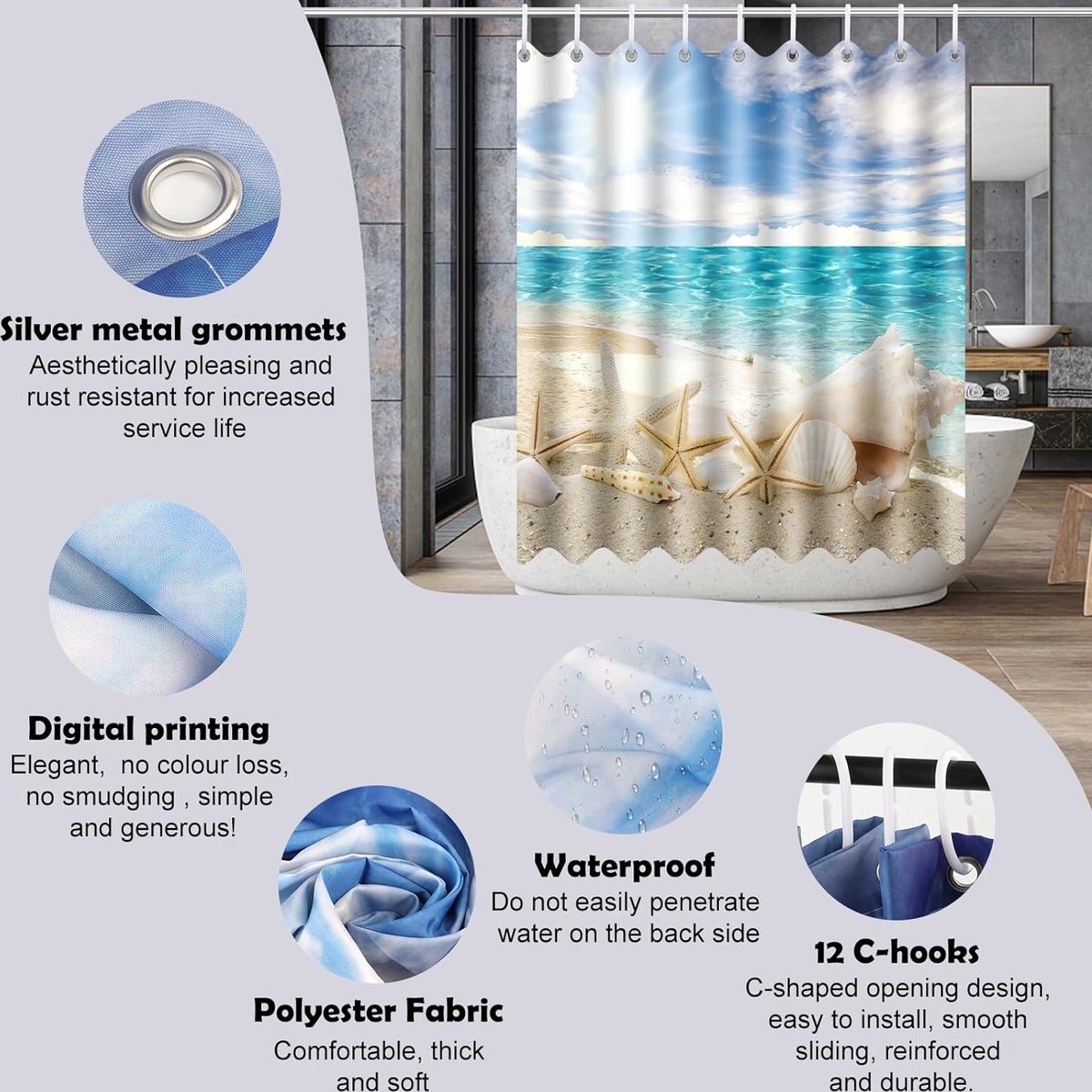 Floraweg Douchegordijn,Shower Curtain,badgordijn,badkamergordijn,onderwaterwereld, kustkust, golven, bloemen , digitale printen -Anti Schimmel - Inclusief 12 ringen -met 12 stuks douchegordijnhaken – Waterdicht -Wasbaar- Polyester - 180x200 cm — afbeelding 4